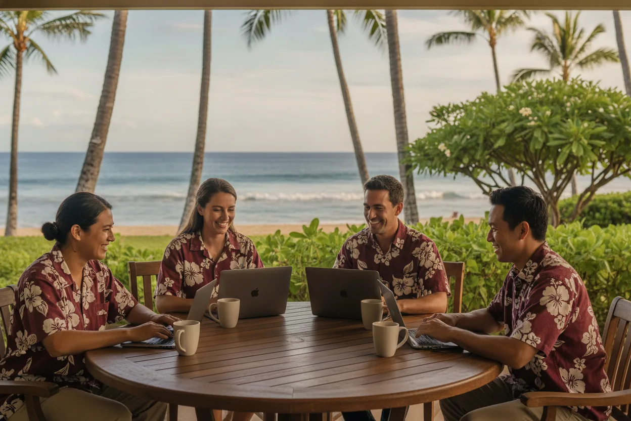 The KilPen team collaborating on laptops at an oceanfront lanai in Hawaii